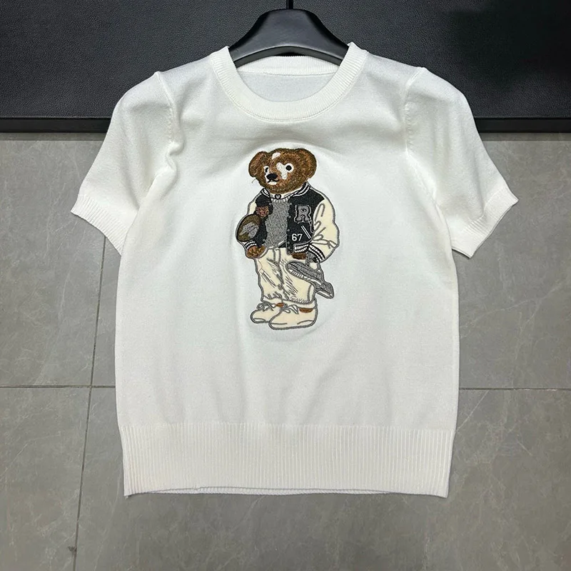 

Women Clothing Cartoon Embroidery T-shirt O-neck Thin Loose Casual Knit Tops Summer Short Sleeve Elasticity Breathable Pullovers