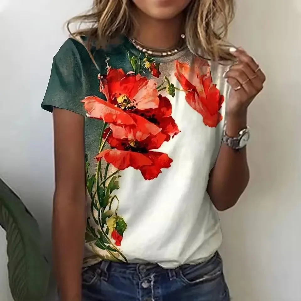 Camiseta con estampado de plantas florales 3D de pintura al óleo para mujer, camisetas de talla grande a la moda, pantalón corto informal, ropa de manga Vintage para mujer