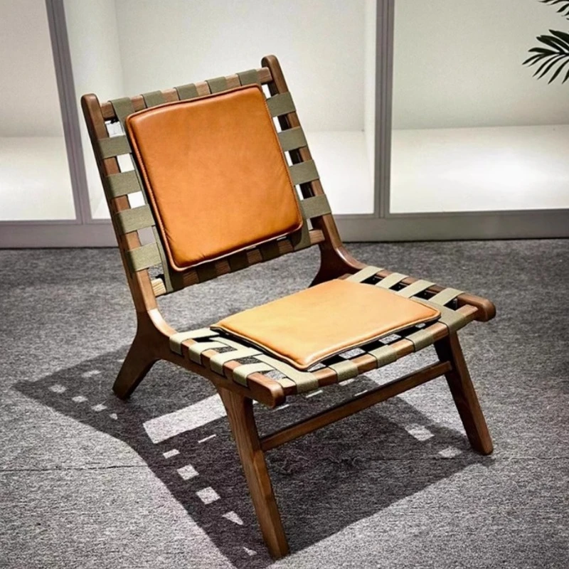 Retro solid wood leather saddle chair woven recliner single balcony sofa chair
