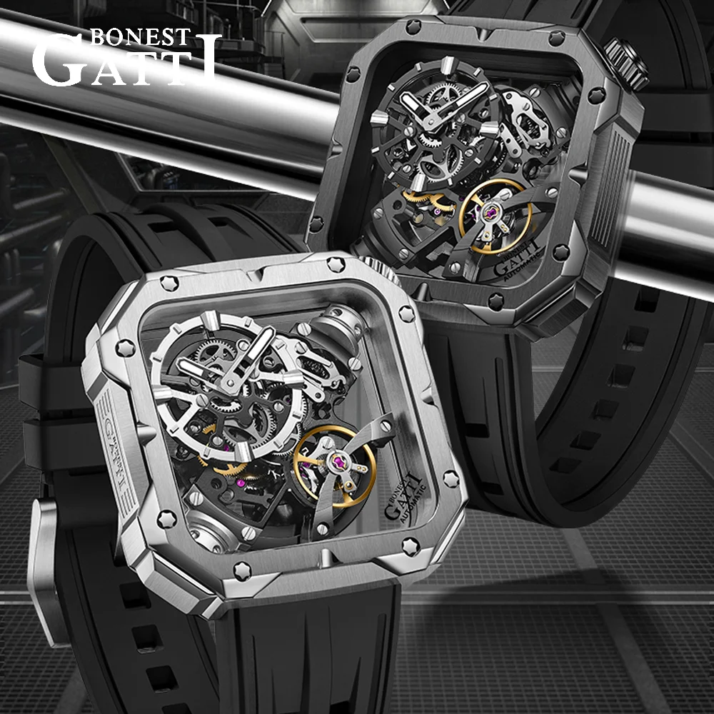 

BONEST GATTI Men's Automatic Luxury Square Watch Tonneau Skeleton Case Mechanical Sapphire Luminous Rubber Strap German Craft