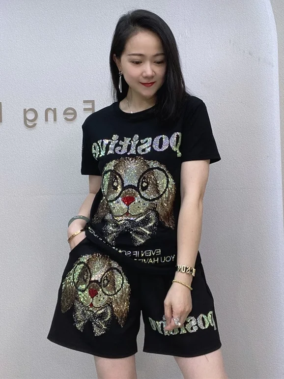 

Faionable Heavy Du Rhinestone ort Sve Summer Casual Set Women's plus Size T-irt orts Two Piece Cotton round Ne