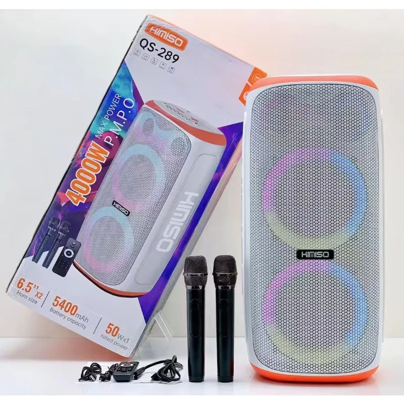 Pop KIMISO Powerful Heavy Bass Bluetooth Speaker With Colorful Lights Dual Wireless Microphone Portable Handheld Karaoke Boombox