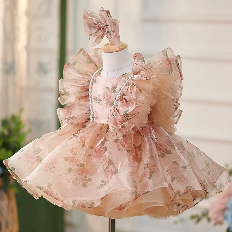 luxury elegant rose print tulle pomace skirt baby dress, first birthday dress suitable for a variety of special occasions high-e