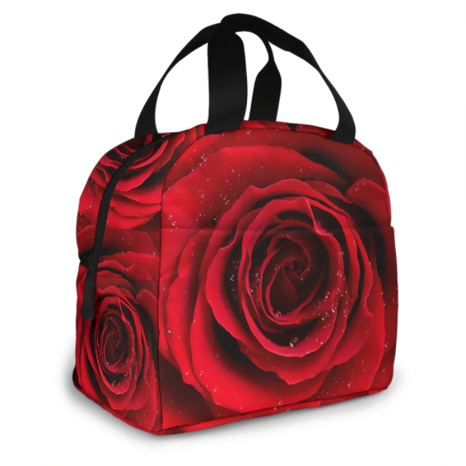 Red Rose Flower with Raindrop Valentine's Day Insulated Lunch Bag Reusable Thermal Lunch Box for Women Men Office School Picnic