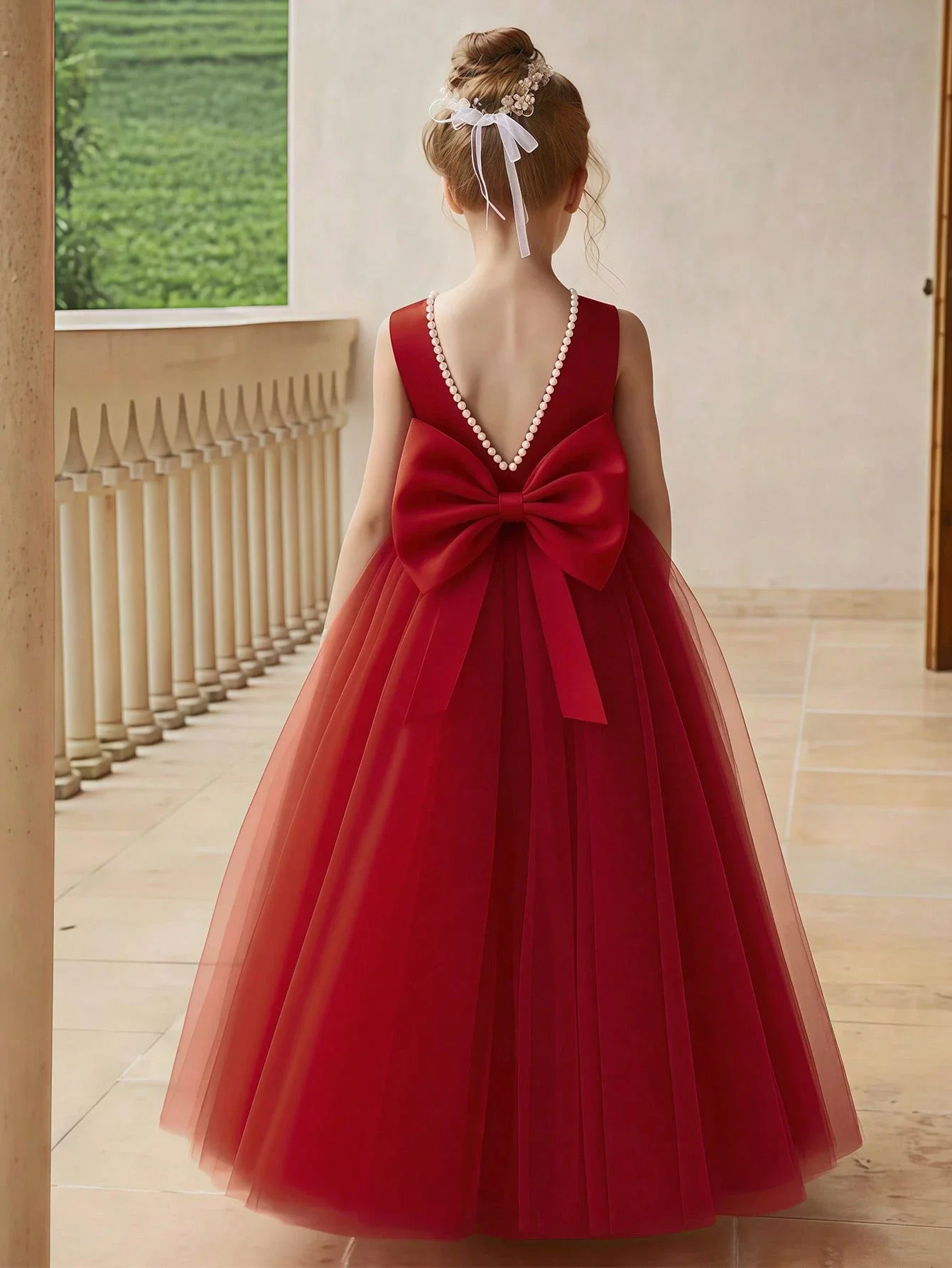 

Elegant Red Bow Pearl Backless Ball Gown Dress For Wedding Party Prom
