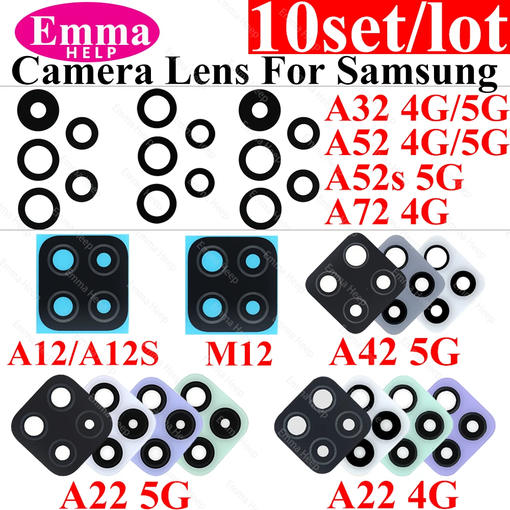 EmmaHelp10pcs/lot Rear Camera Lens for Samsung A22 5G A42 A12 A12s A32 A52 A72 4G Back Camera Glass Lens with Sticker