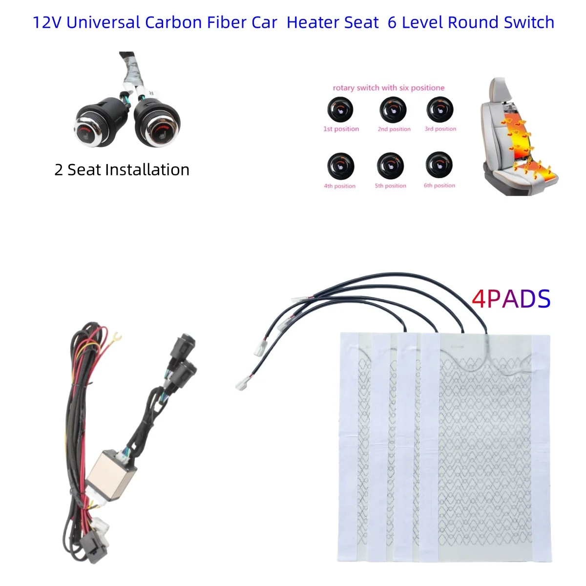 12V Universal Carbon Fiber Car Heated Heating Heater Seat Pads Winter Warmer Seat Covers Kit 6 Level Round Switch