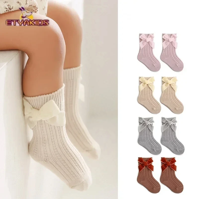 Kawaii Princess Bow Calf Sock for Baby Girl Simplicity Sweet Velvet Bow Toddler Sock Spring Autumn Soft Infant Baby Sock