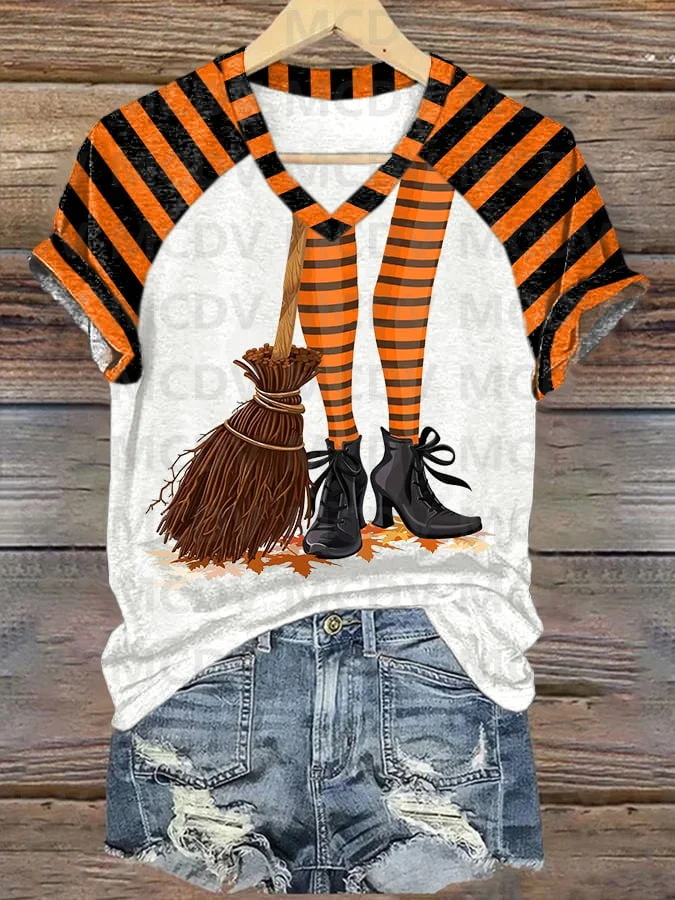 Women's Halloween Witch Legs And Broom Casual Print T-Shirt Summer Women's T Shirts Sexy Tops