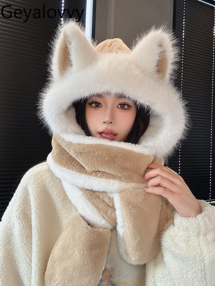 

2025 зимняя новинка Kawaii, цветная шапка с лисьим мехом, шарф, комплект, милые милые уличные теплые универсальные шарфы для девочек на шею