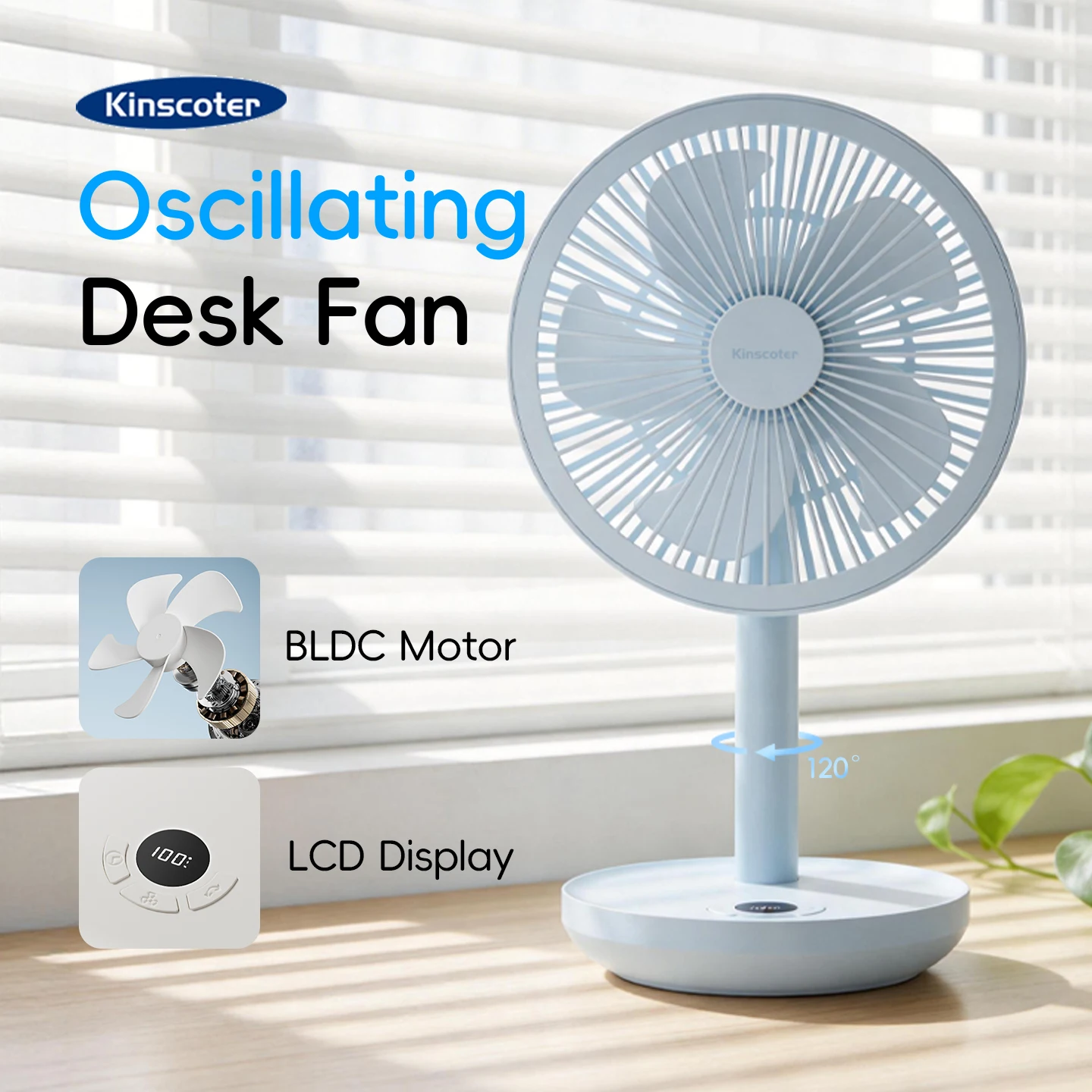 Nouveau ventilateur de bureau oscillant intelligent 4000 mAh, 5 vitesses de vent, silencieux, portable, rechargeable avec fonction de minuterie pour la maison, la chambre, ou comme cadeau