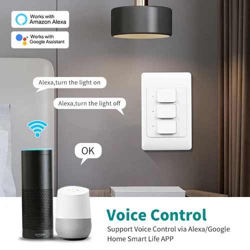 Imagen 2 del producto Tuya WiFi interruptor de luz de pared inteligente sin cable neutro y botón de cable neutro interruptores de luz física EE. UU./AU para Alexa Google Home