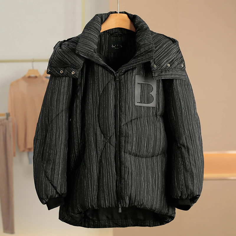 

Detachable Hat Thickened Winter Duffel Coat Striped Pattern Women's Puffer Jacket Warm Casual Style Long Sleeve Zipper Closure