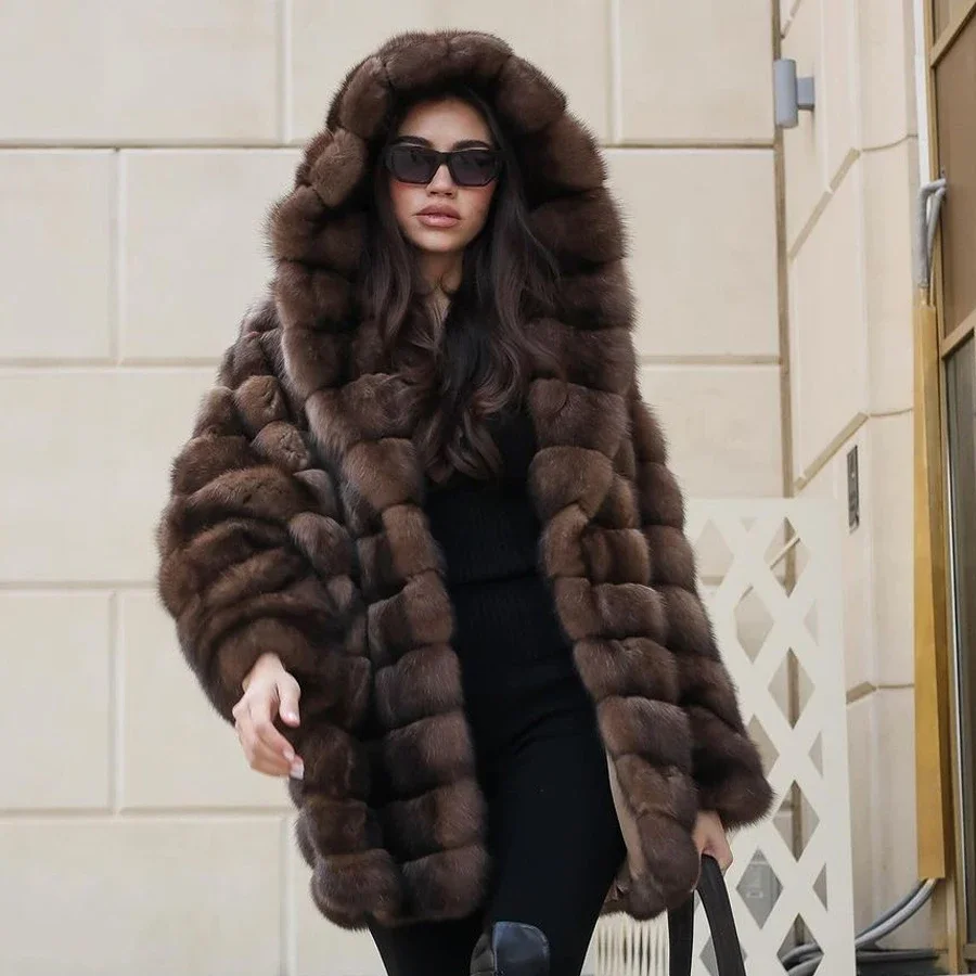 Women's Real Fur Coats Natural Fox Fur With Hood Coat Women Winter Warm Fur Jacket New In Outerwears