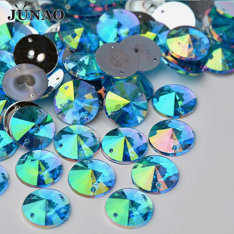 JUNAO 50Pcs 18mm Sewing Aquamarine AB Acrylic Rivoli Rhinestones Flatback Round Strass Applique For DIY Clothing Accessories