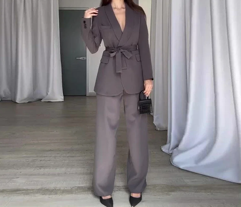 2 Piece Sets Womens Outfits 2024 Autumn New Solid Color Waist Cinching Blazer High Waist Wide Leg Pants Temperament Suit Female