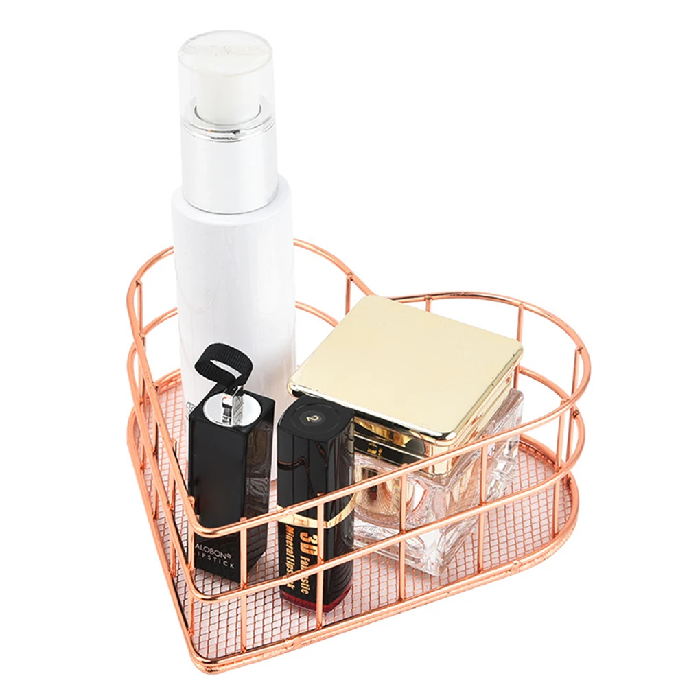 Desktop Storage Basket Multifunctional Metal Nordic Rose Gold Heart Shape Table Cosmetics Organizer Space Saver Small Furniture