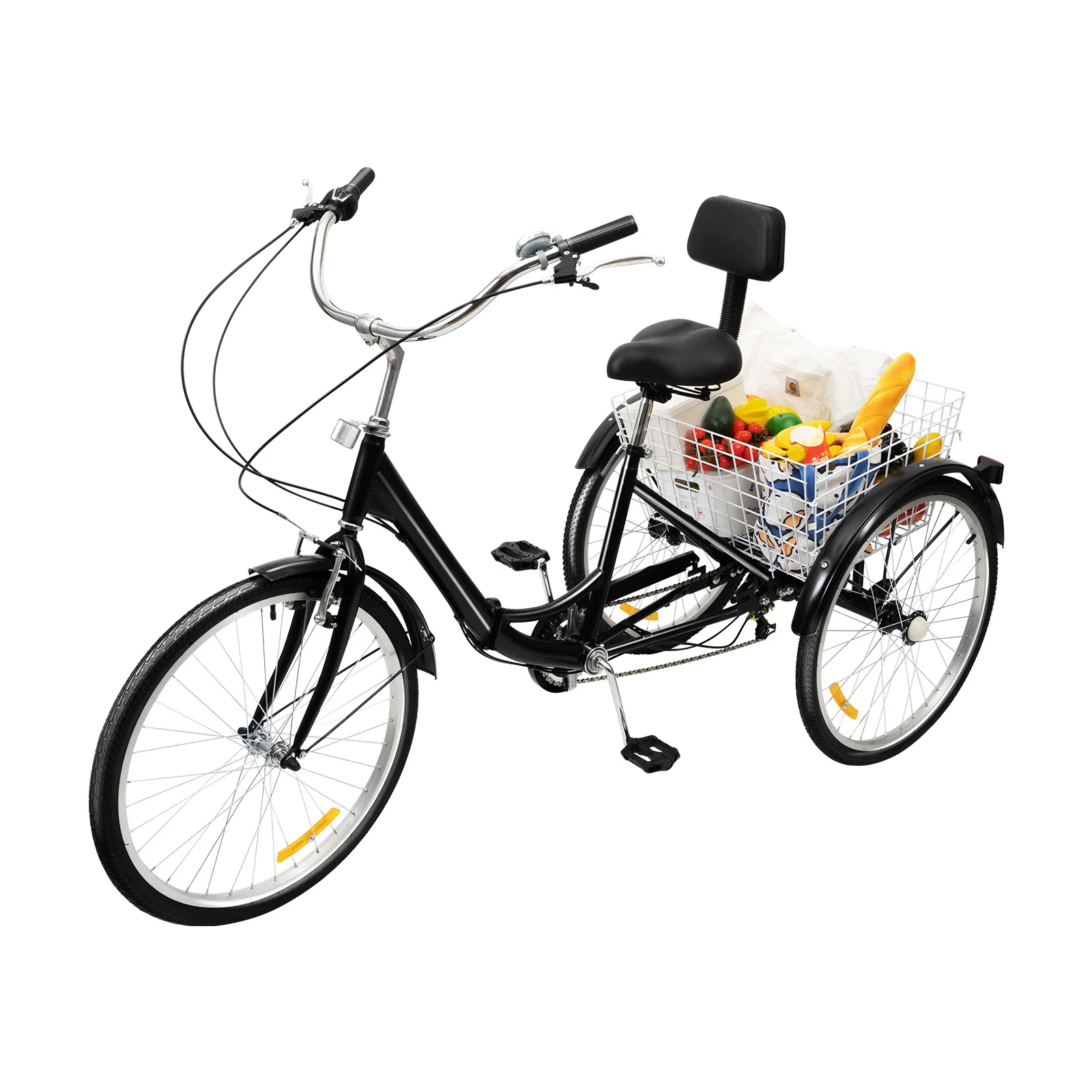 24 Inch 7 Gear Tricycle Three Wheels Bicycle Shopping Tricycle with Saddle and Backrest for Adult Black