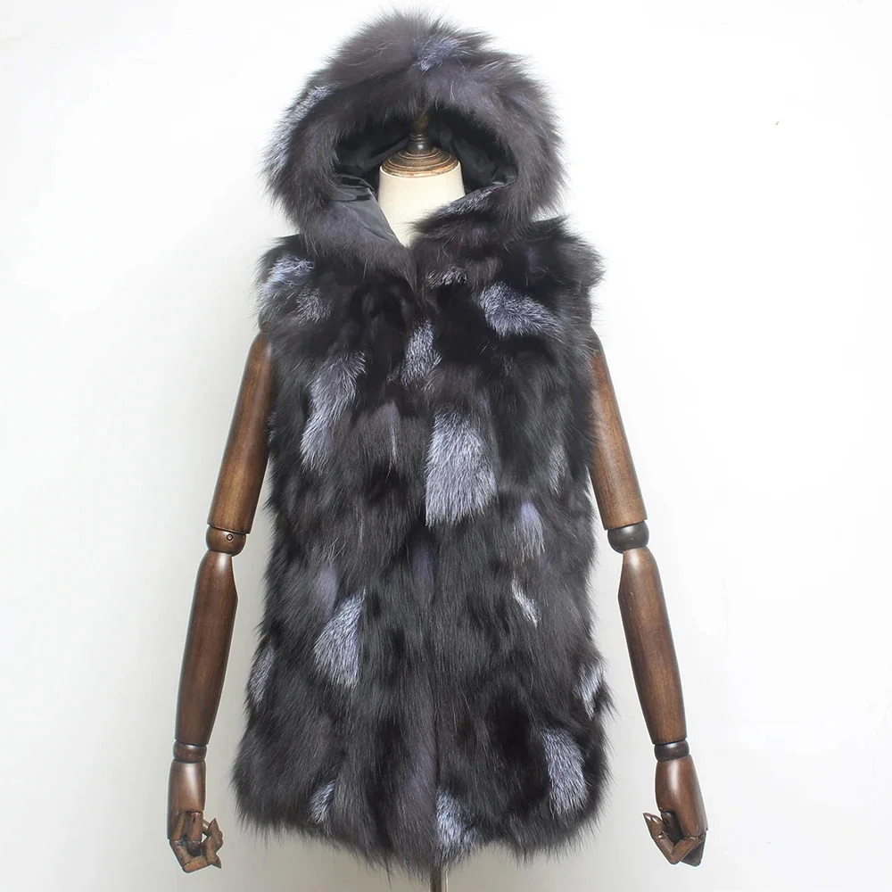 Women Real Fox Fur Vest Hooded Fashion 100%Natural Silver Fox Fur Waistcoat Coat Lady Long Style Genuine Fur Sleeveless Coat