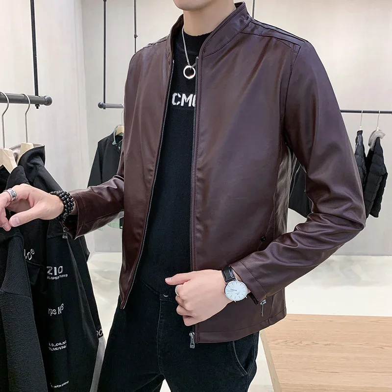 Spring autumn fashion casual men\'s leather jacket zipper stand collar loose motorcycle leather jacket faux leather men\'s coat