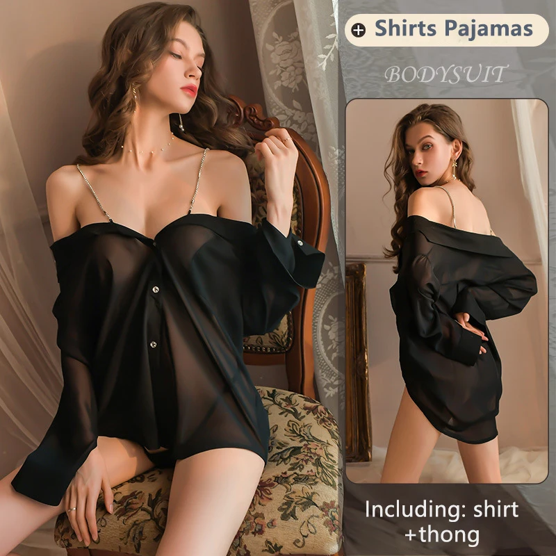 Chemise transparente pour femme, pyjama sexy, uniforme de petit ami, robe de nuit suspendue