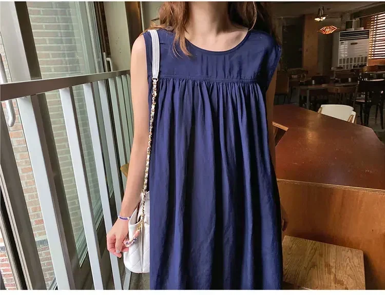 REALEFT Cotton and Linen Sleeveless Dress for Women Summer Mid Length Casual Loose Solid Round Neck Women Dresses Summer