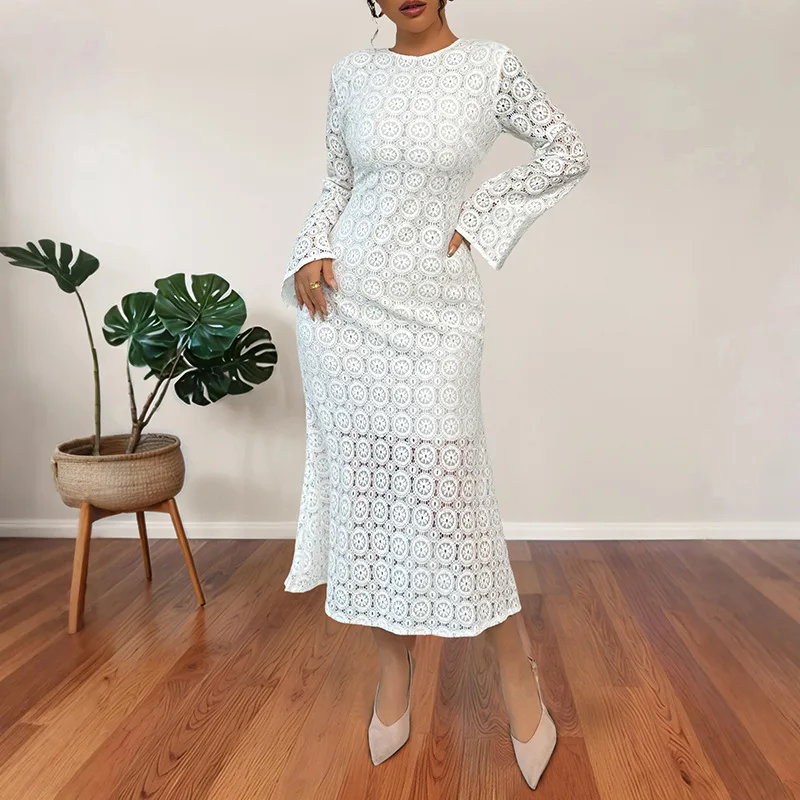 

Long Dress Women Fishtail Dresses Lace Slim Fit Vestidos Streetwear Round Neck Full Sleeve Elegant Splice Y2k Party Night 2025
