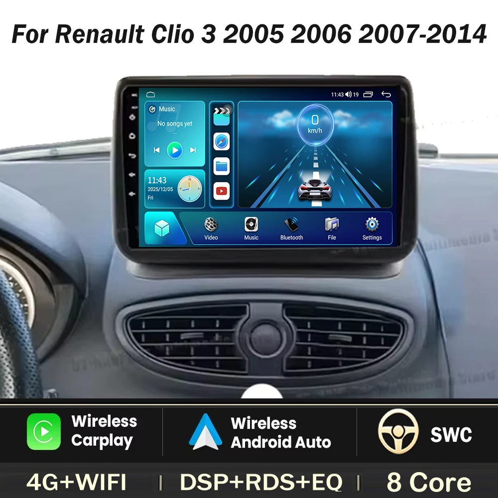 For Renault Clio 3 2005 2006 2007-2014 Wireless Carplay Car Radio Android Auto Multimedia Video Player Stereo Head Unit GPS WIFI