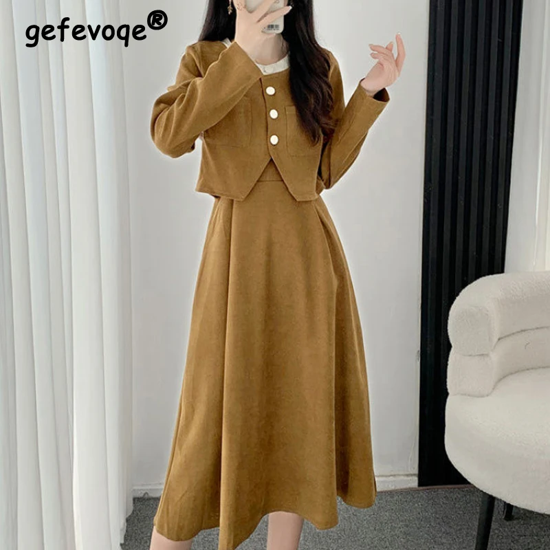 Two Piece Set for Women French Style Vintage Corduroy Luxury Chic Short Jackets Female Sweet High Waist Solid Elegant Midi Skirt