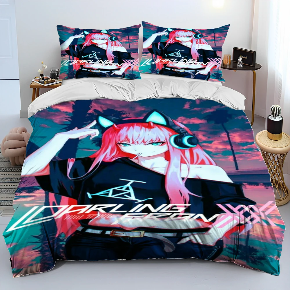 Zero Two DARLING In The FRANXX Anime Comforter Bedding Set,Duvet Cover Bed Set Quilt Cover Pillowcase,Queen Size Bedding Set Kid