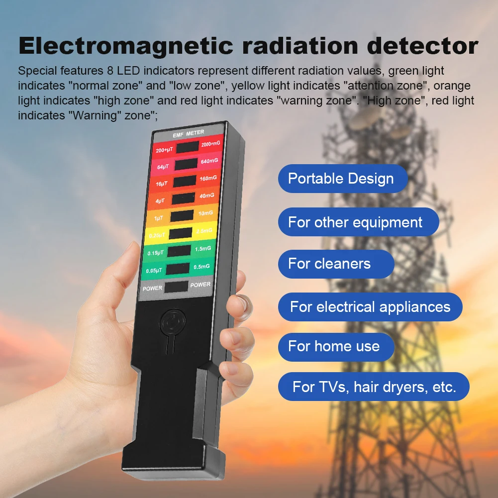 كاشف المجال الكهرومغناطيسي 8 LED EMF غاوس متر عالية الدقة المحمولة EMF مراقبة المجال المغناطيسي EMF اختبار الإشعاع