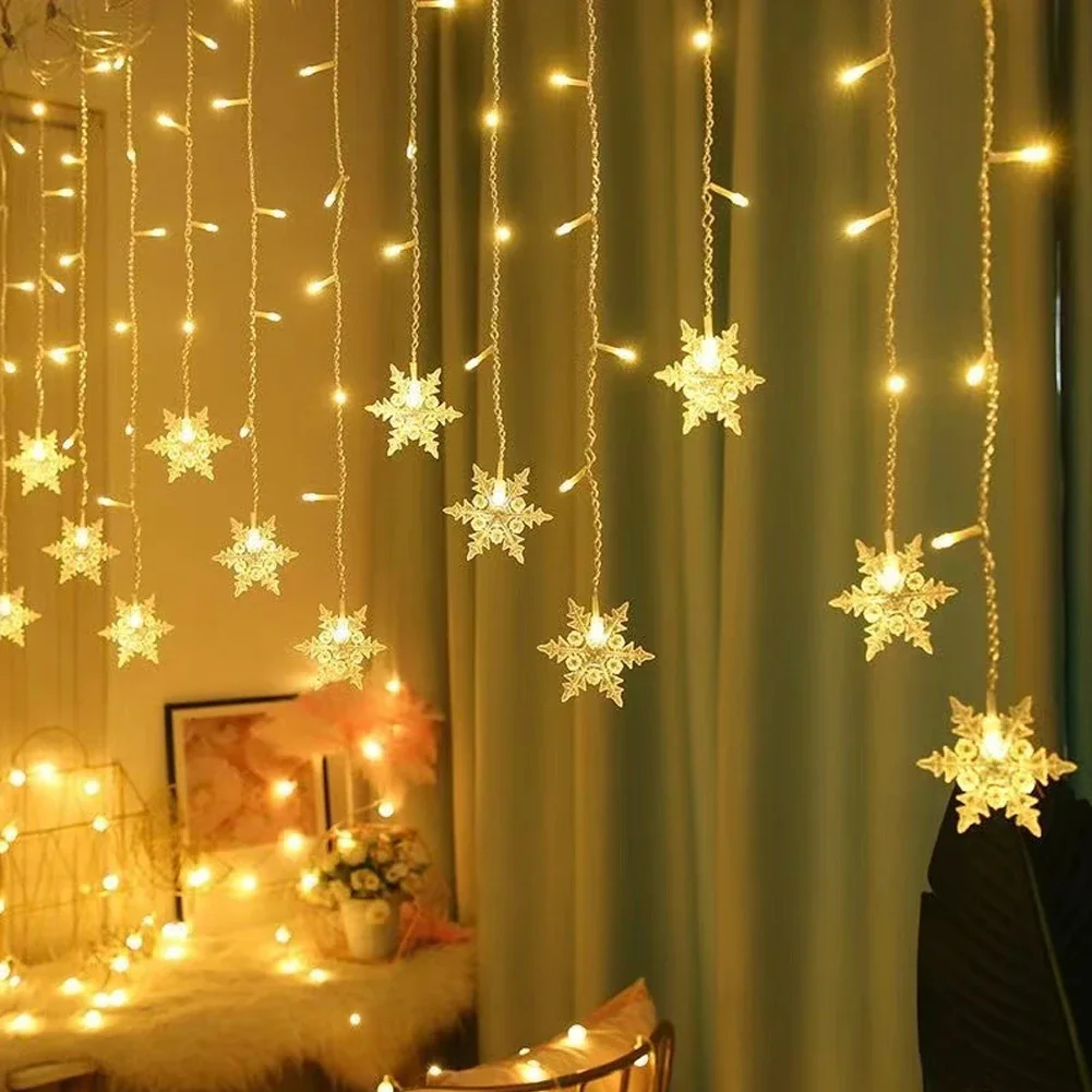 Guirnalda de luces navideñas LED, guirnalda de cortina con copos de nieve, impermeable, para decoración navideña, fiesta, 2024