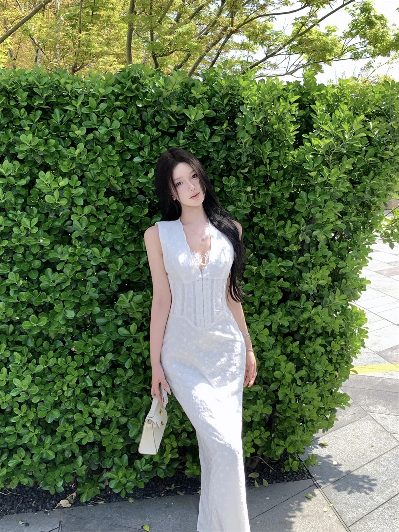 

Coigarsam Summer Fashion Casual Sleeveless Tank High Waist Inner Lace Camisole Dress Top Shirt Skirt Suit