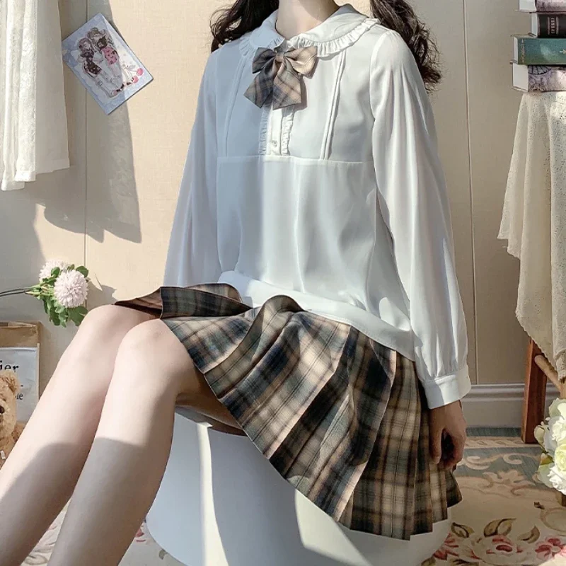 Uniforme japonais JK style décontracté, chemise d'été à manches longues, col en cuir chevelu, haut blanc, jupe plissée à carreaux rose imbibée pour filles