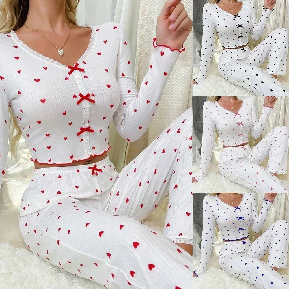 

Women Ribbed Heart Printed Knitted Pajama Sets Ladies V-Neck Loose Top Long Pant Nightwear Long Sleeve