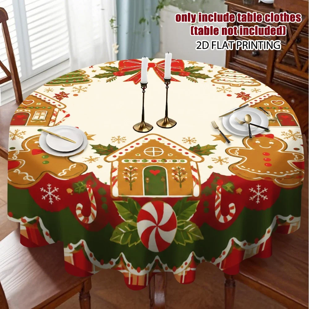 2D flat print, one Christmas gingerbread wreath round tablecloth design, suitable for compact dining table setups
