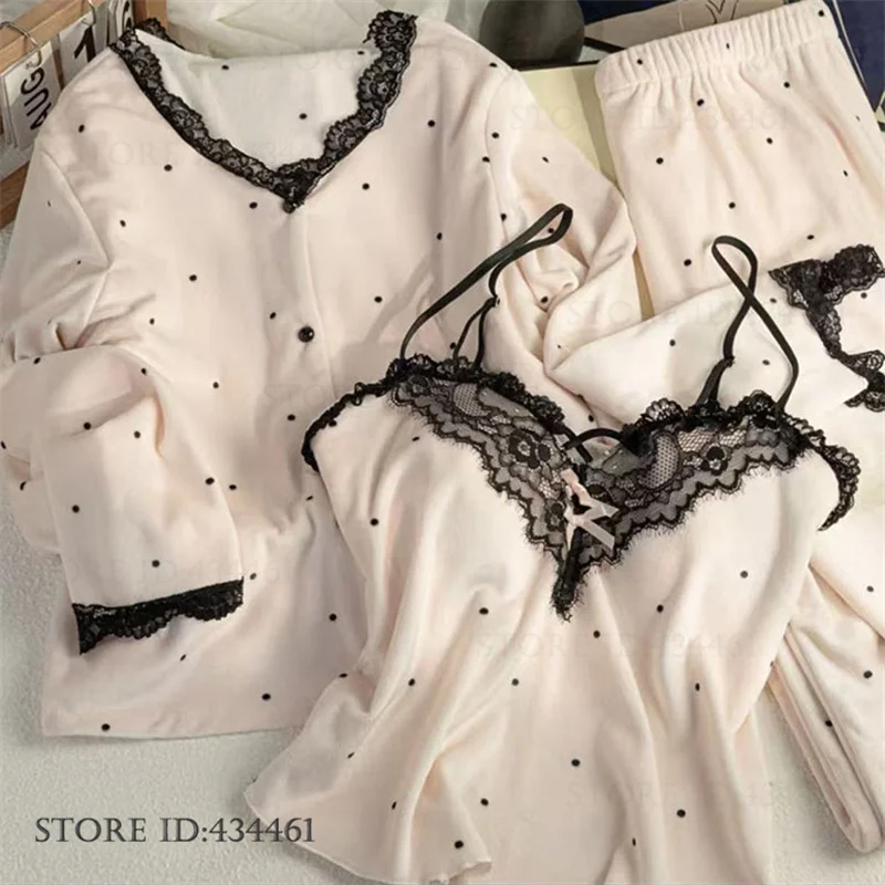 Thicken Warm women 3PCS Pajamas Set Homewear Elegant French Island Velvet Sleepwear Trouser Pijamas Suit Loose Loungewear Pyjama
