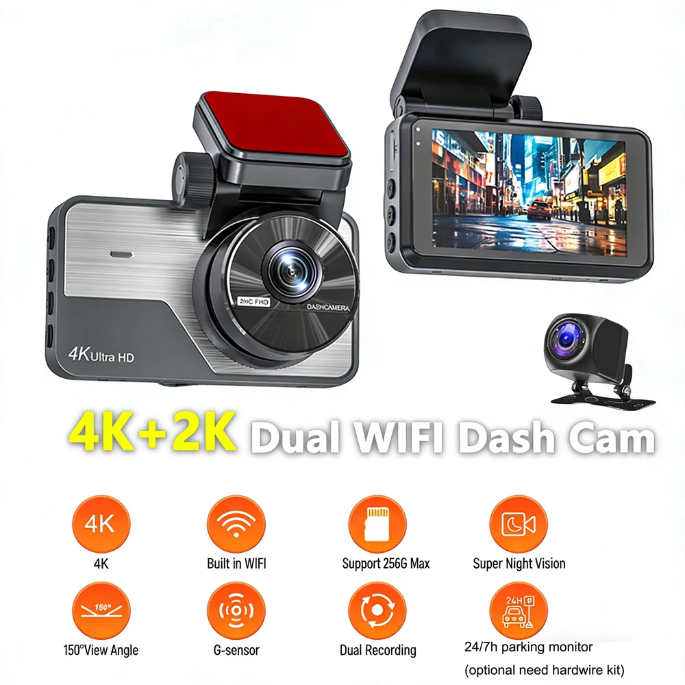 2026 Dash Cam Dual Lens 4K+2K Dual Recording Front and Rear 2160P+1440P Build-in Wifi G-Sensor 3 inch Car DVR 24/7h Parking Mode