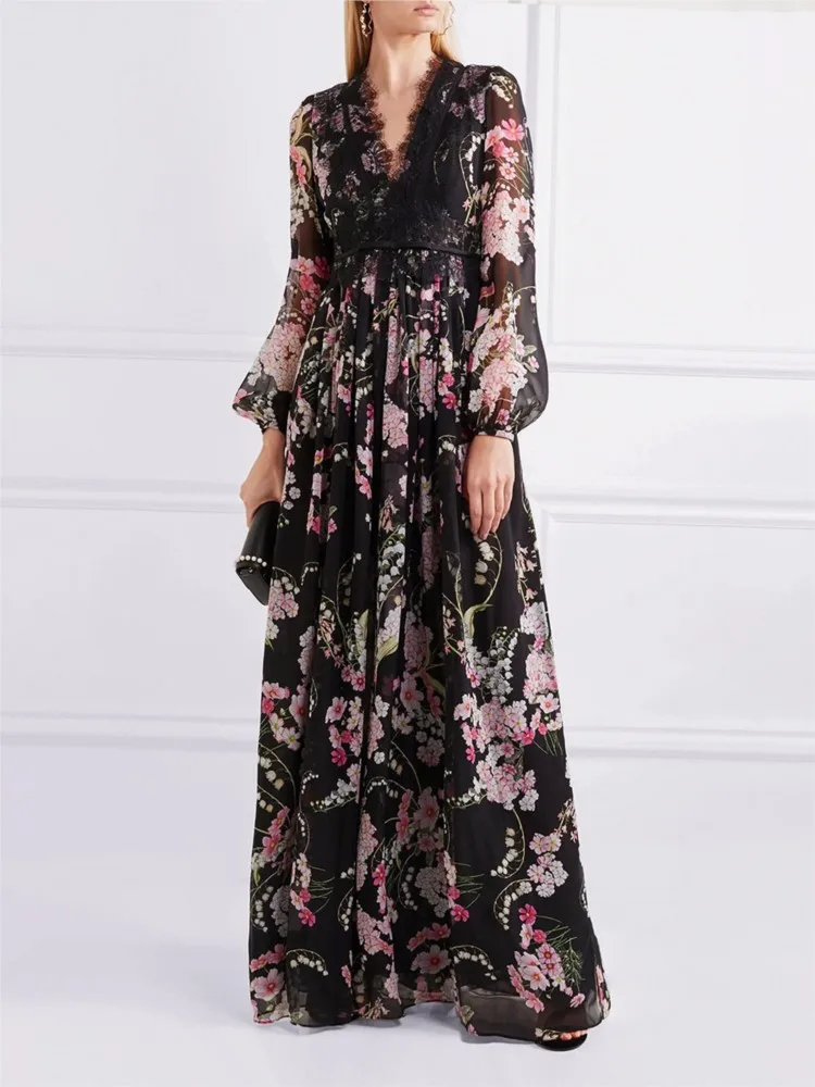 

Black collar lace long printed niche floral dress