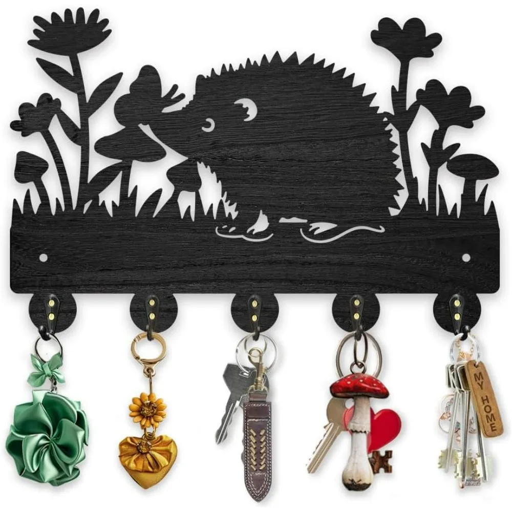 Wooden Hedgehog Flower Coat Hooks Butterfly Animal Key Holder for Wall 11.8×7.9inch Nature Wildflower Animal Key Hanger 5