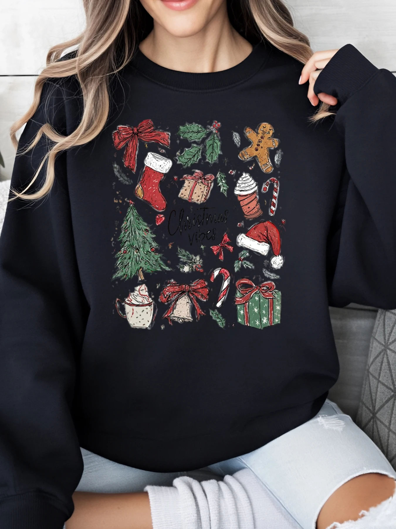 

Рождественский свитшот с принтом рождественских значков, женская повседневная праздничная одежда, черный, больших размеров