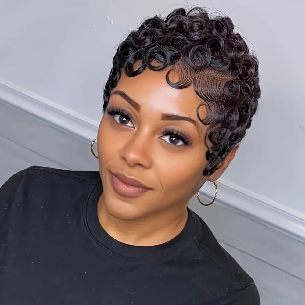 Pixie Cut Wig Short Curly Wave Human Hair Wigs For Women Full Machine Made Wig 150% Density 6 Inch