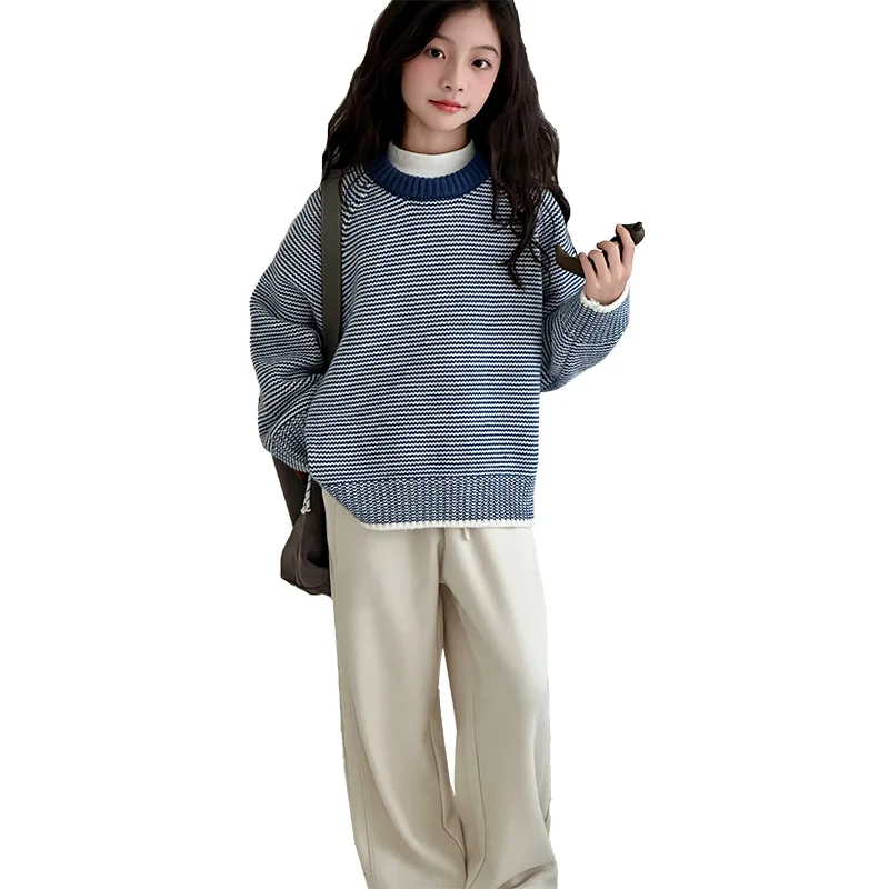 سترة مخططة باللون الأزرق للفتيات في الربيع والخريف والشتاء، سترة علوية كورية جديدة متباينة الألوان #5