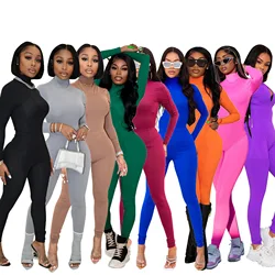 Women Bodysuit Jumpsuit Two-Piece Set Fitness Solid Color Tight Thermal Turtleneck Jumpsuit Top And Skinny Pant Two Piece Suit