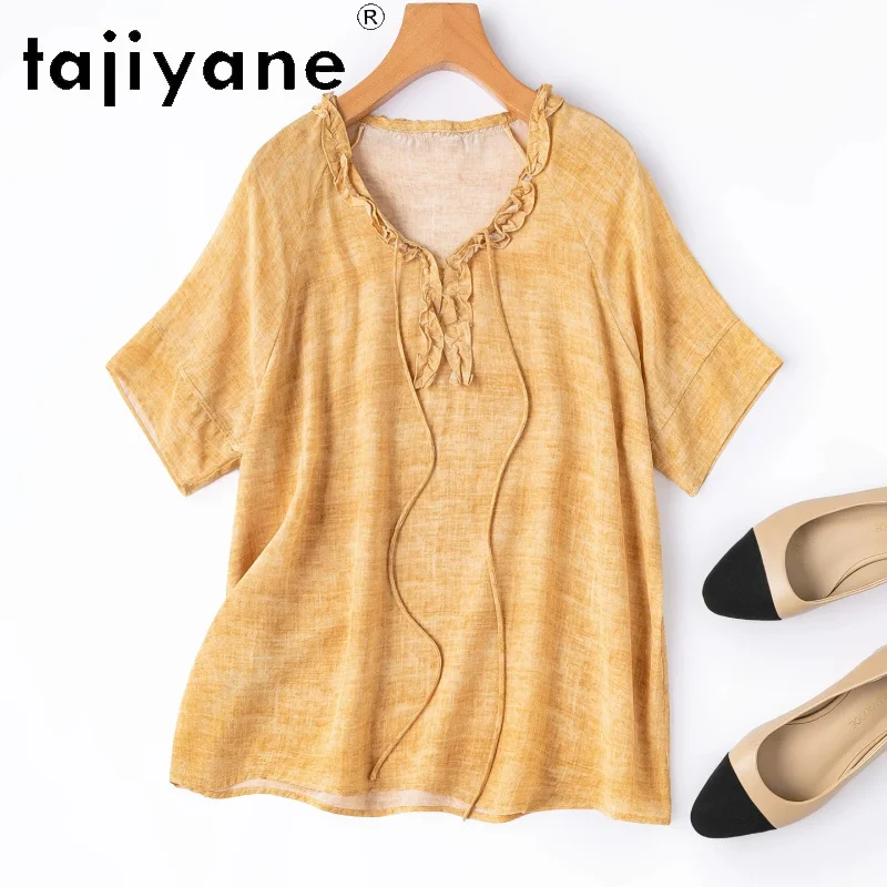 TAJIYANE 100% Mulberry Silk Women T Shirts Yellow Ruffled Collar T Shirt Casual Short Sleeve Summer Tops for Woman Clothing 2026
