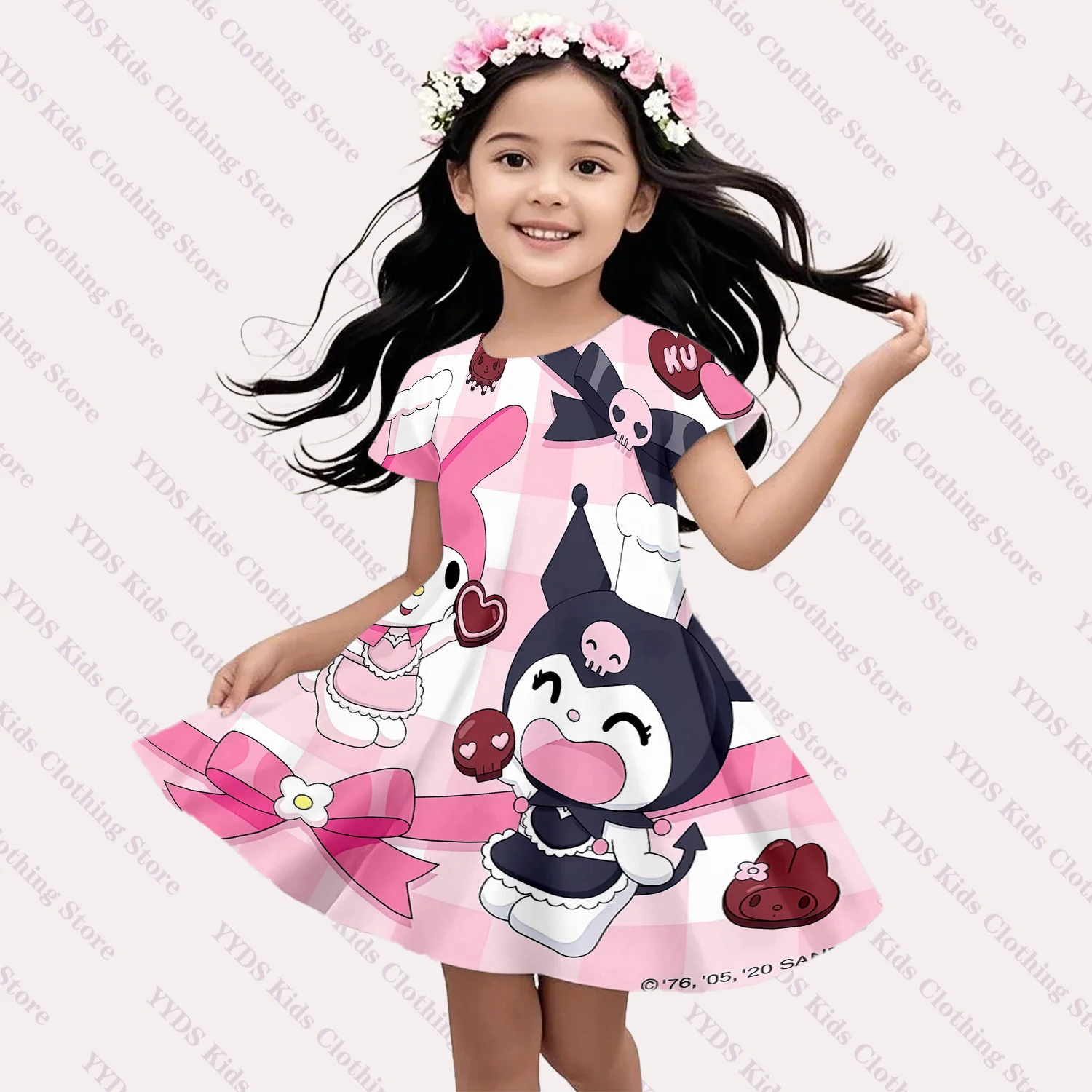 

MINISO Куроми и собака с корицей, лето 2022, для детей 3-14 лет, дышащее платье из искусственного хлопка с короткими рукавами для девочек, мелодия