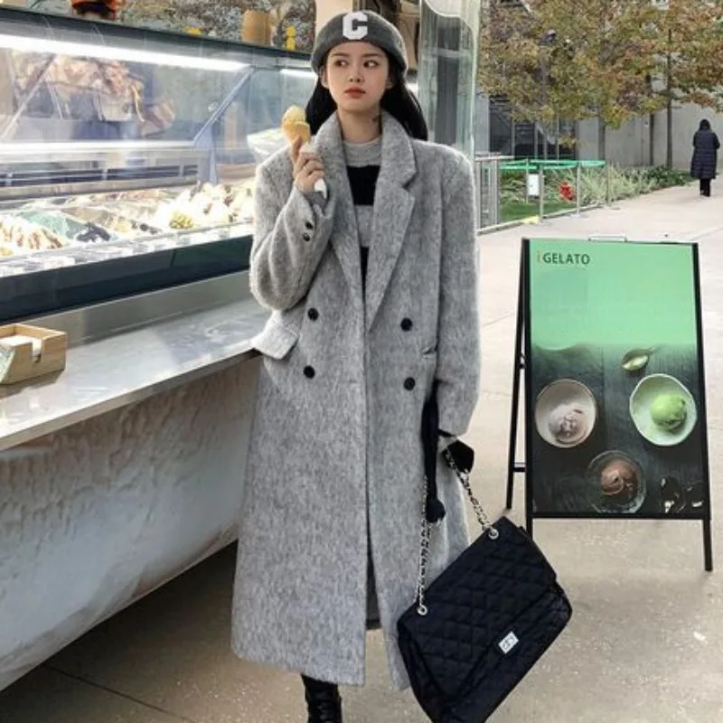 

2023 New High-end Gray Thick Korean Warm Wool Coat Women's Autumn Winter Mid-length Outwear Tweed Hepburn Style Tweed Overcoat