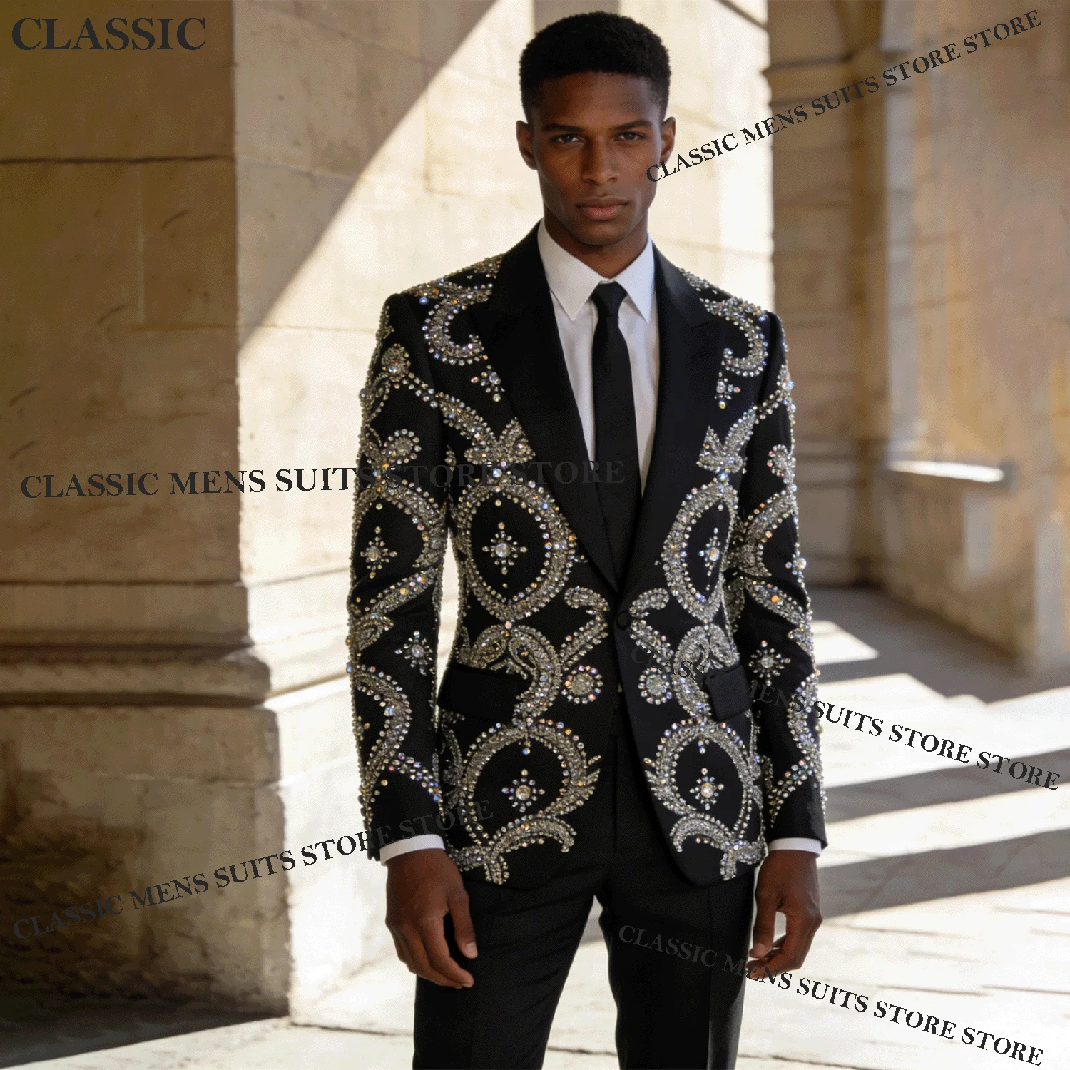 

Elegant Tuxedos Men Suits Fashion Diamond Decoration Customized Peaked Lapel Groom 2 Pieces Set Wedding Male Prom Blazers suit