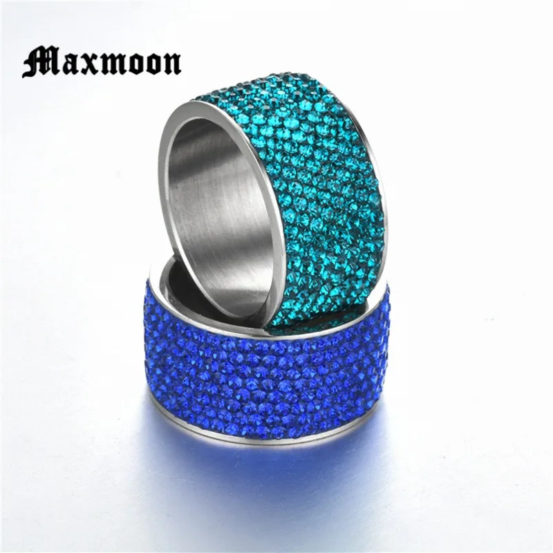 Maxmoon 8 Rows Crystal Stainless Steel Ring Women for Elegant Full Finger Love Wedding Engagement Rings Jewelry Men