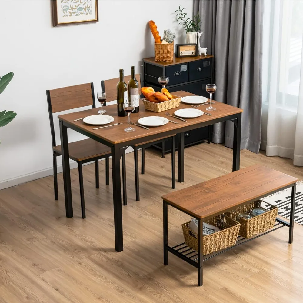 Dining Table Set for 4, Kitchen Table with Bench and Chairs, Industrial Gathering Bench Dining Set W/Metal Frame & Storage Rack